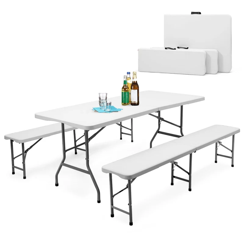 Sekey 3-tlg. Bierzeltgarnitur 180 cm – Klappbares Gartenmöbel-Set mit Tisch & 2 Bänken, Wetterfest & Tragbar für Garten, Balkon & Camping
