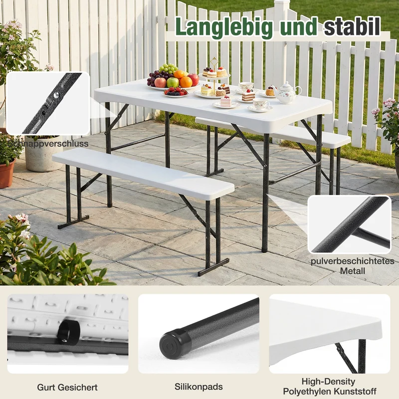 Sekey Bierzeltgarnitur 113 cm – 3-teiliges klappbares Set mit Tisch & 2 Bänken | Esstischgarnitur für Garten, Balkon, Camping oder Party