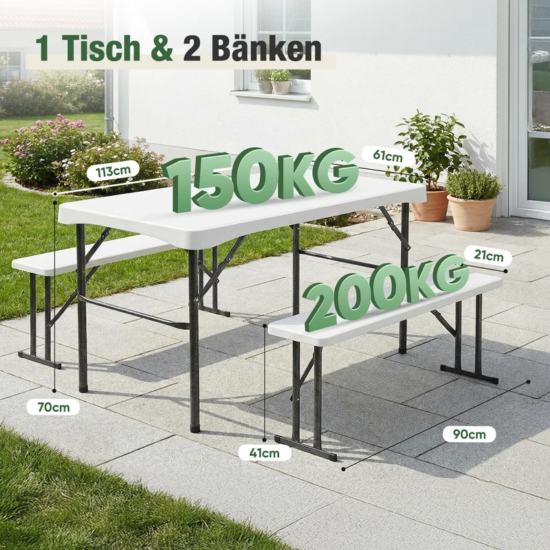 Sekey Bierzeltgarnitur 113 cm – 3-teiliges klappbares Set mit Tisch & 2 Bänken | Esstischgarnitur für Garten, Balkon, Camping oder Party