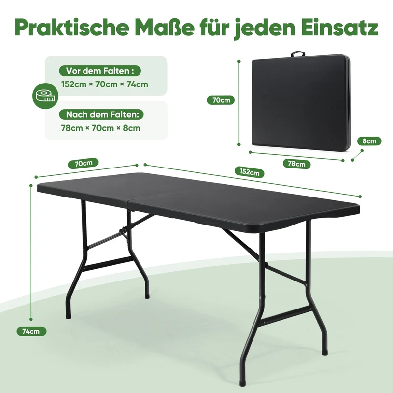 Sekey Klapptisch 152x70x74 cm – Robuster Buffettisch aus Kunststoff, tragbar mit Griff, wetterfest & faltbar – Campingtisch, Partytisch, Gartentisch für 4 Personen