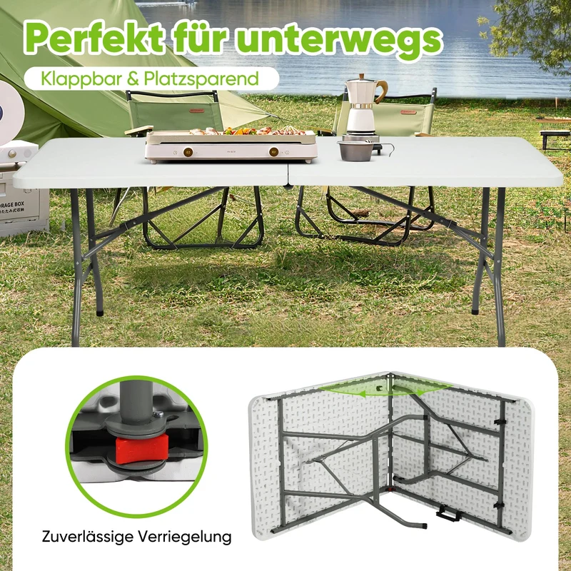 Sekey Klapptisch 152x70x74 cm – Robuster Buffettisch aus Kunststoff, tragbar mit Griff, wetterfest & faltbar – Campingtisch, Partytisch, Gartentisch für 4 Personen