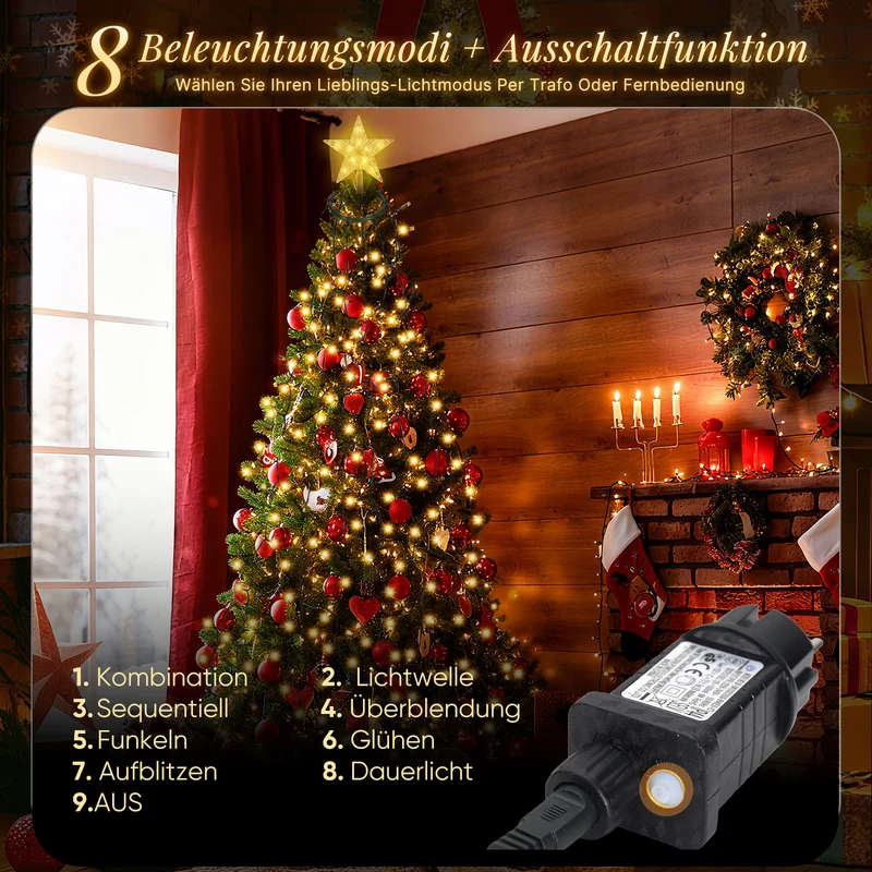 Salcar Weihnachtsbaum Lichterkette mit Sternspitze & Fernbedienung – 1,5 m (260 LED), 2 m (430 LED) oder 3 m (500 LED) Überwurf Lichterkette, Warmweiß, 8 Modi, Timer, Innen & Außen