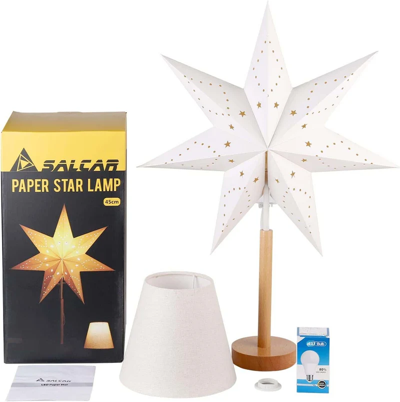 Salcar LED Papierstern mit Holzsockel – Beleuchteter Weihnachtsstern mit 2 Lampenschirmen, Warmweißes Licht, Faltbar & Austauschbare E14 Glühbirne