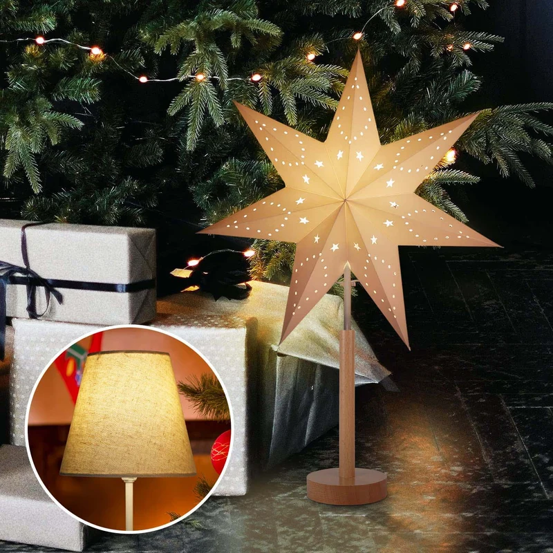 Salcar LED Papierstern mit Holzsockel – Beleuchteter Weihnachtsstern mit 2 Lampenschirmen, Warmweißes Licht, Faltbar & Austauschbare E14 Glühbirne