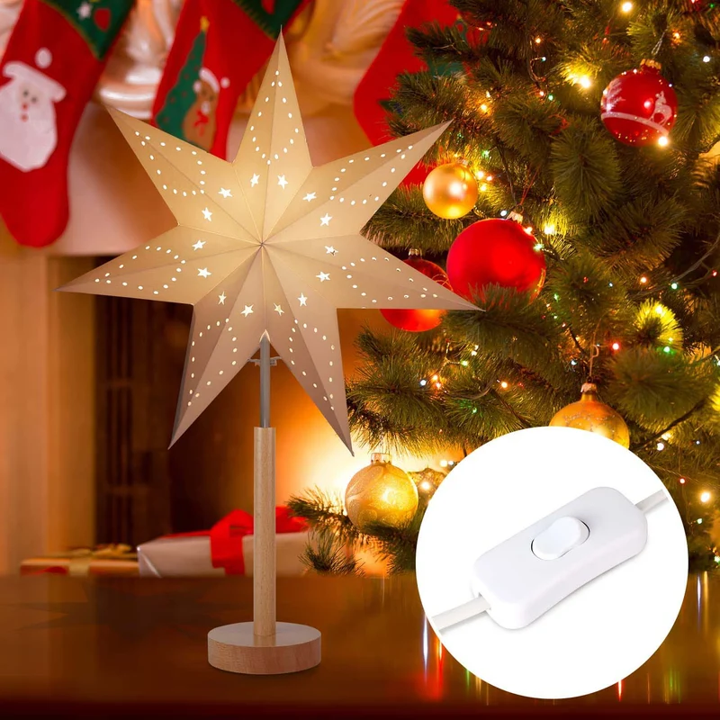 Salcar LED Papierstern mit Holzsockel – Beleuchteter Weihnachtsstern mit 2 Lampenschirmen, Warmweißes Licht, Faltbar & Austauschbare E14 Glühbirne