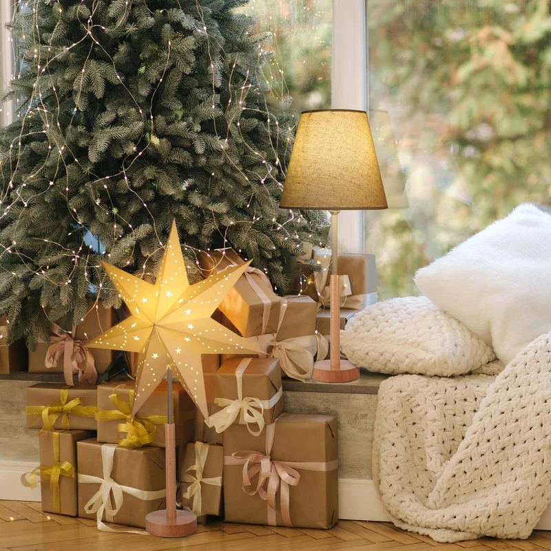 Salcar LED Papierstern mit Holzsockel – Beleuchteter Weihnachtsstern mit 2 Lampenschirmen, Warmweißes Licht, Faltbar & Austauschbare E14 Glühbirne