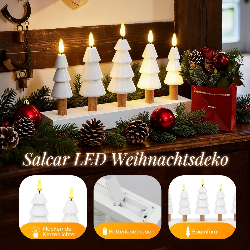 Salcar LED Weihnachtskerzenbaum – 5-flammiger Tischleuchter aus Holz, Warmweiß – Batteriebetriebenes LED Dekolicht für Advent & Weihnachten