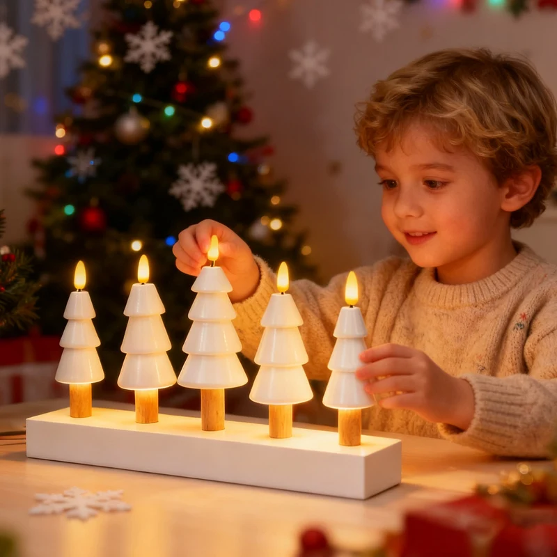 Salcar LED Weihnachtskerzenbaum – 5-flammiger Tischleuchter aus Holz, Warmweiß – Batteriebetriebenes LED Dekolicht für Advent & Weihnachten