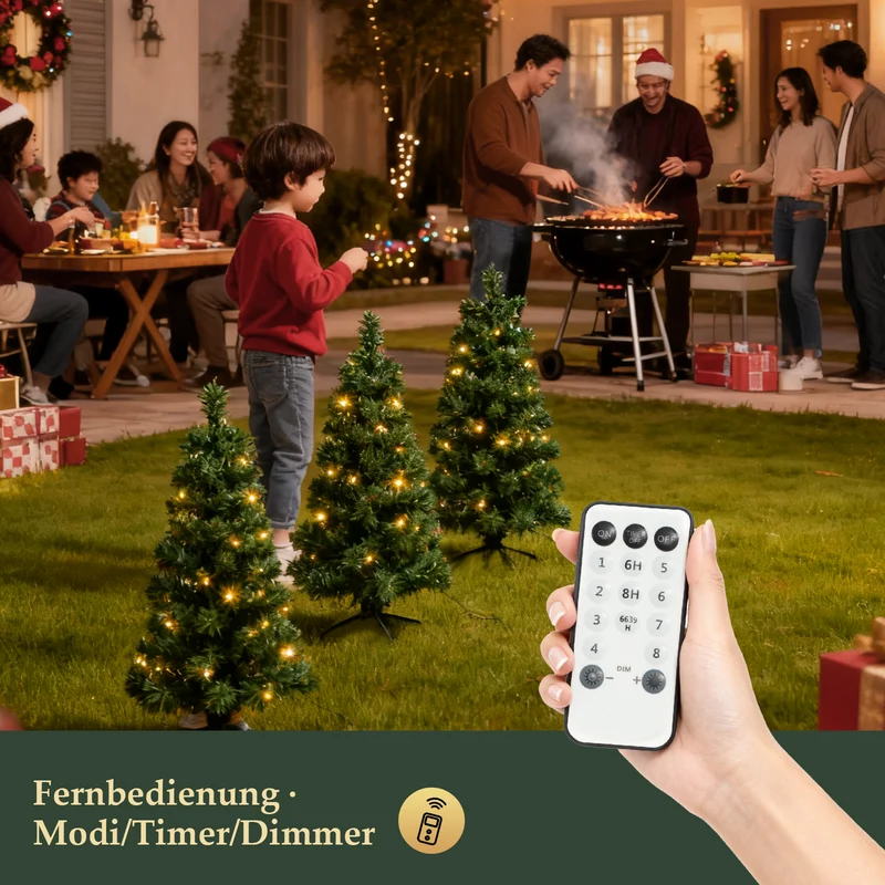 Salcar 3er-Set Künstlicher Weihnachtsbaum 60 cm mit warmweißer LED-Beleuchtung – PVC Tannenzweige mit Erdspieß, Außenbereich & Gartendeko mit Fernbedienung & Timer