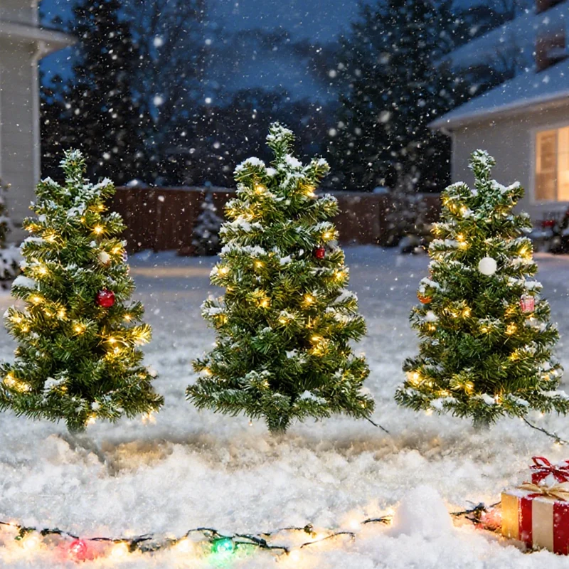 Salcar 3er-Set Künstlicher Weihnachtsbaum 60 cm mit warmweißer LED-Beleuchtung – PVC Tannenzweige mit Erdspieß, Außenbereich & Gartendeko mit Fernbedienung & Timer