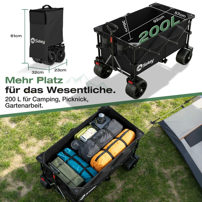 Sekey XXL Plus Faltbollerwagen 200 L, Bis 200 kg belastbar, Extra breite All-Terrain-Räder, patentierter 4-Wege-Sofortaufbau, 4032