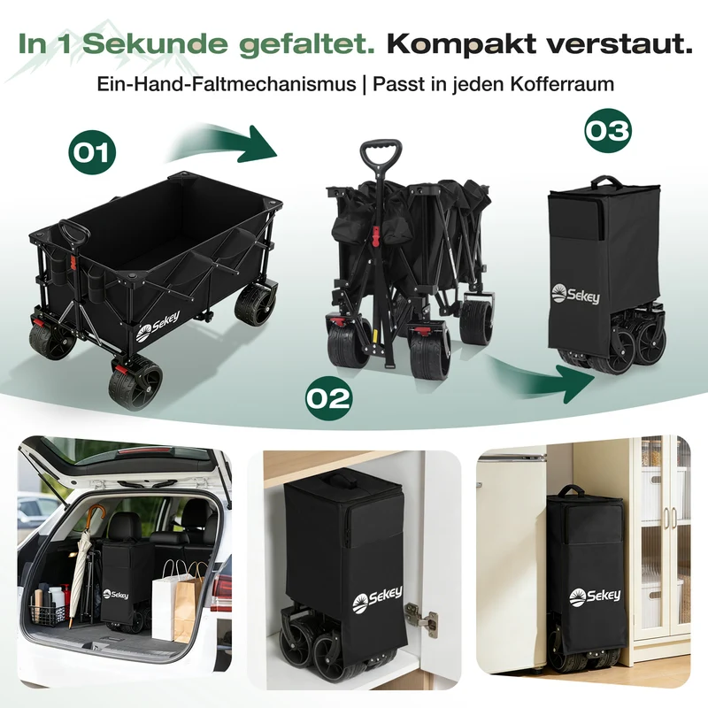 Sekey XXL Plus Faltbollerwagen 200 L, Bis 200 kg belastbar, Extra breite All-Terrain-Räder, patentierter 4-Wege-Sofortaufbau, 4032