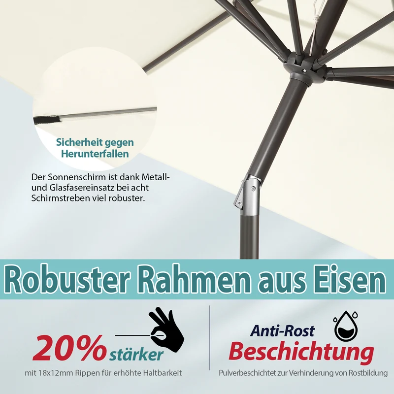 Sekey Runde Sonnenschirm Ø 350 cm mit Kurbel & Auto-Knickfunktion Windstabil, UPF 50+ Für Balkon, Terrasse & Garten Recyceltes Polyester (GRS-zertifiziert)