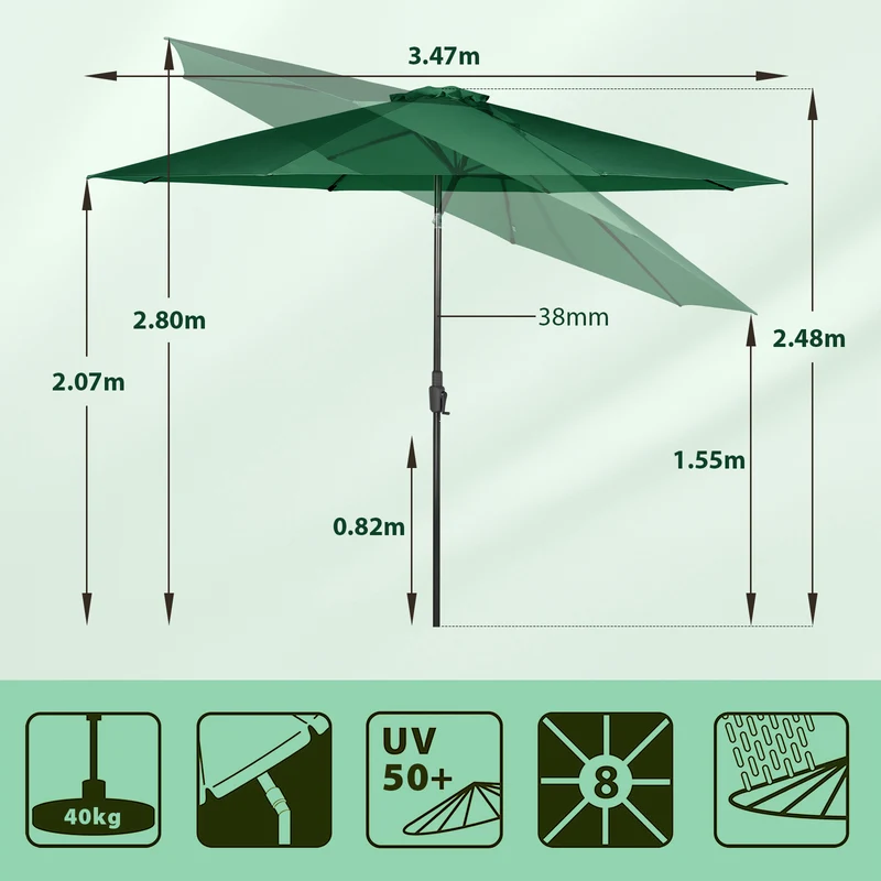 Sekey Runde Sonnenschirm Ø 350 cm mit Kurbel & Auto-Knickfunktion Windstabil, UPF 50+ Für Balkon, Terrasse & Garten Recyceltes Polyester (GRS-zertifiziert)