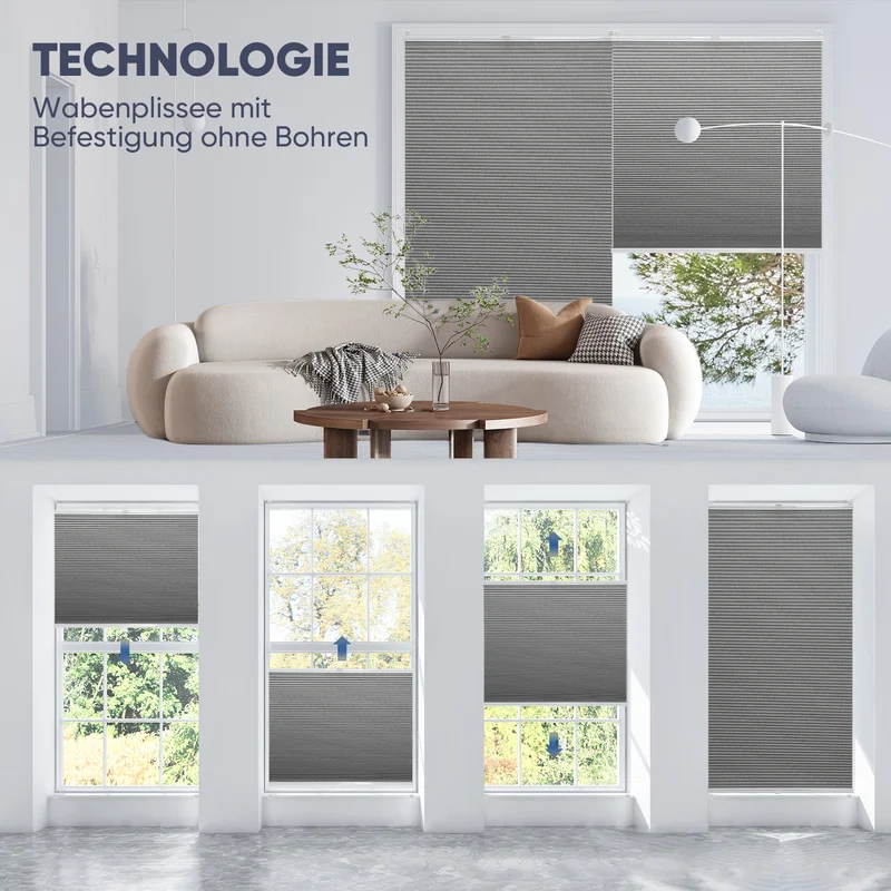 Sekey Wabenplissee ohne Bohren, 100 % Verdunkelung, blickdichtes Klemmfix Plissee in Textiloptik, Grau