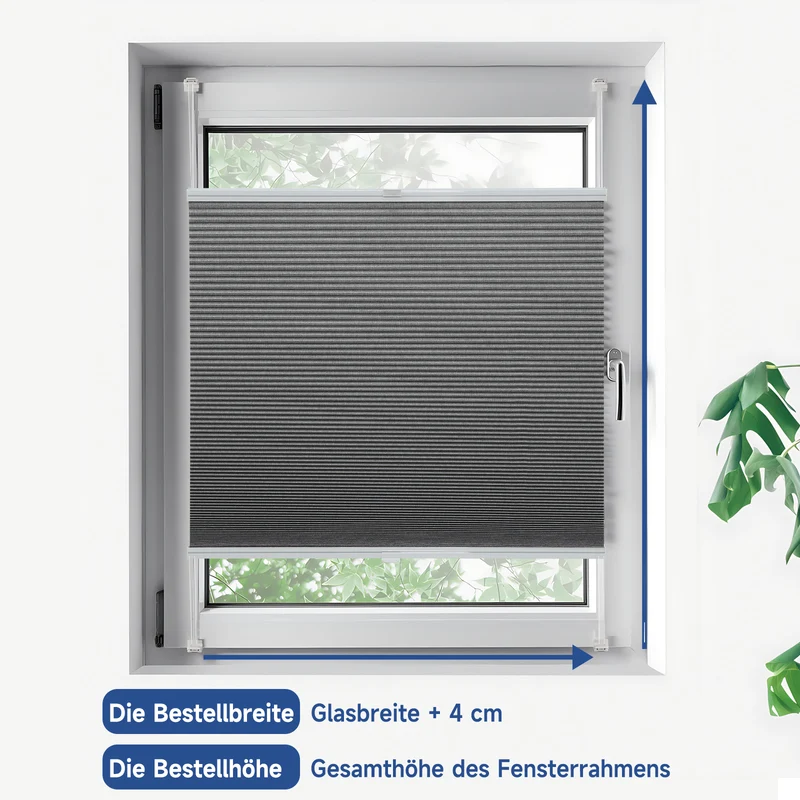Sekey Wabenplissee ohne Bohren, 100 % Verdunkelung, blickdichtes Klemmfix Plissee in Textiloptik, Grau