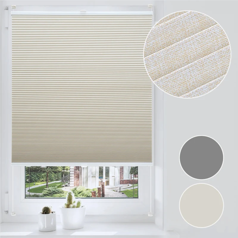 Sekey Wabenplissee ohne Bohren 100 % Verdunkelung, blickdichtes Klemmfix Plissee in Textiloptik, Beige