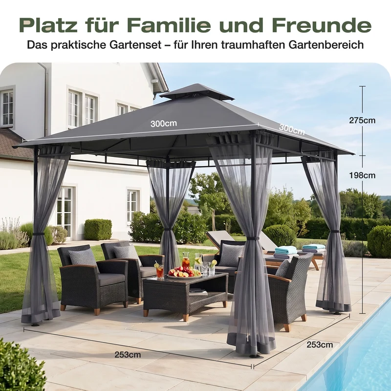 Sekey Pavillon 3x3m Wasserdicht Stabil Winterfest mit 4 Moskitonetzen – Gartenpavillon mit UV-Schutz 50+, Metallrahmen, Partyzelt für Garten, Terrasse, Hof, Events & Camping