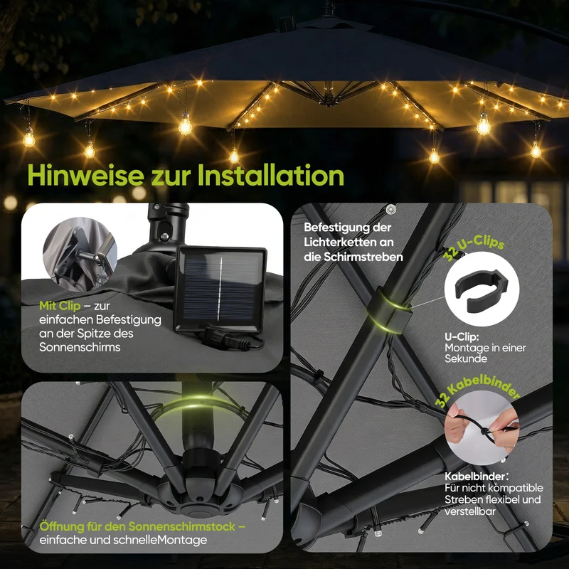 Sekey Sonnenschirm Beleuchtung Solar LED Lichterkette – 136 LEDs & 8 Glühbirnen, Fernbedienung, 8 Leuchtmodi, dimmbar, mit Timer, Garten & Terrasse Deko für Ampelschirm & Sonnenschirm
