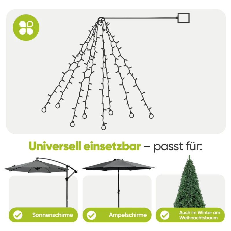 Sekey Sonnenschirm Beleuchtung Solar LED Lichterkette – 136 LEDs & 8 Glühbirnen, Fernbedienung, 8 Leuchtmodi, dimmbar, mit Timer, Garten & Terrasse Deko für Ampelschirm & Sonnenschirm