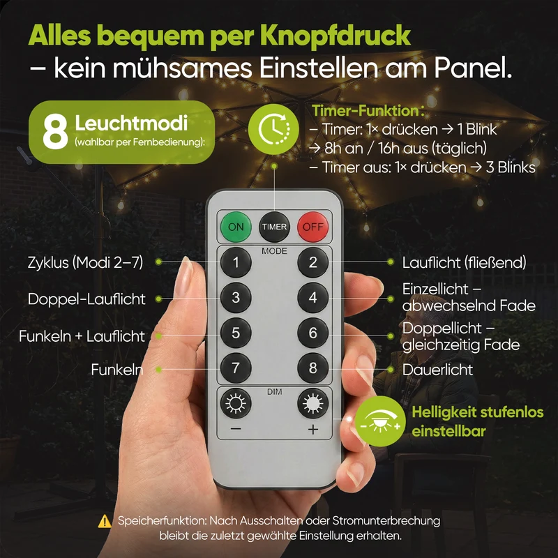 Sekey Sonnenschirm Beleuchtung Solar LED Lichterkette – 136 LEDs & 8 Glühbirnen, Fernbedienung, 8 Leuchtmodi, dimmbar, mit Timer, Garten & Terrasse Deko für Ampelschirm & Sonnenschirm
