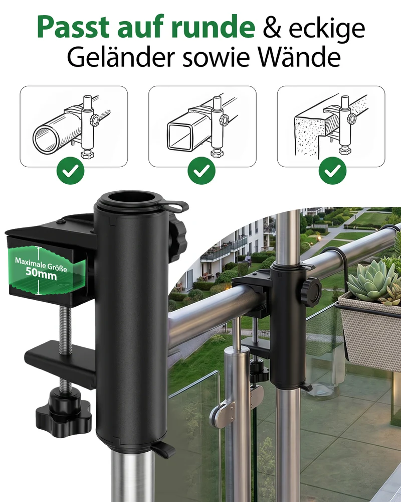 Sekey Sonnenschirmhalter für Balkon – Klemmhalterung für Geländer, platzsparender Schirmständer ohne Bohren, für runde & eckige Geländer (Ø 20–50 mm) & Schirmstöcke 19–38 mm, Schwarz-Metall