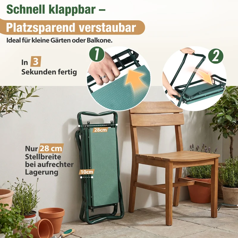 Sekey Höhenverstellbare Kniebank für Gartenarbeit Belastbarkeit 160KG, Gartenhocker Klappbar mit Werkzeugtaschen, Knie Komfort Garten, Grün