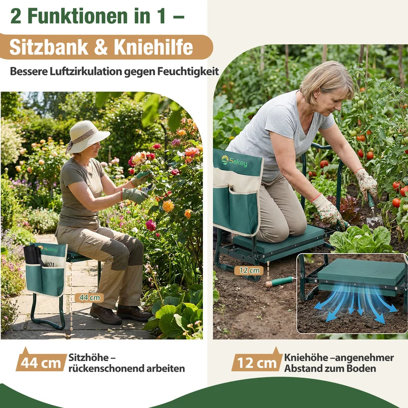 Sekey Höhenverstellbare Kniebank für Gartenarbeit Belastbarkeit 160KG, Gartenhocker Klappbar mit Werkzeugtaschen, Knie Komfort Garten, Grün