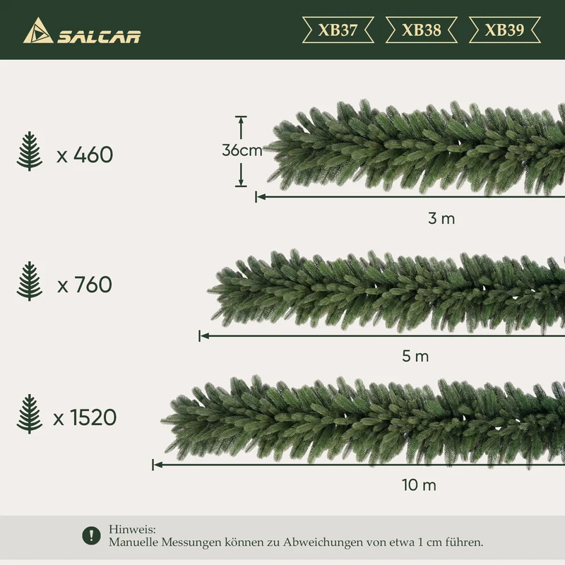 Salcar Künstliche Tannengirlande aus 100 % PE – Naturgetreu, dicht & flexibel, 3 m / 5 m / 10 m