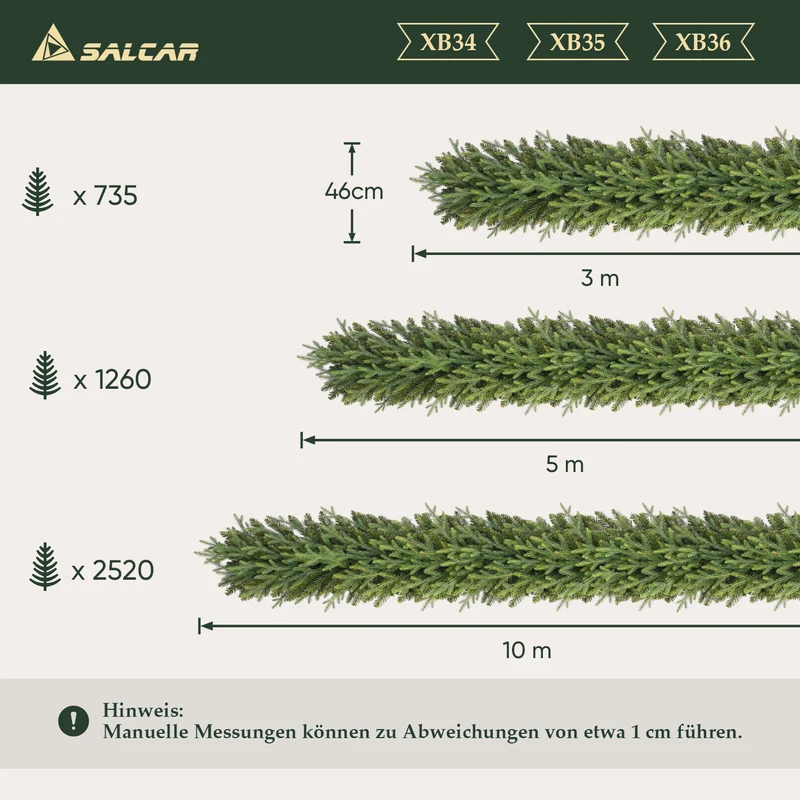 Salcar Künstliche Weihnachtsgirlande – Naturgetreue Fichten-Optik aus PE & PVC, 3 m / 5 m / 10 m