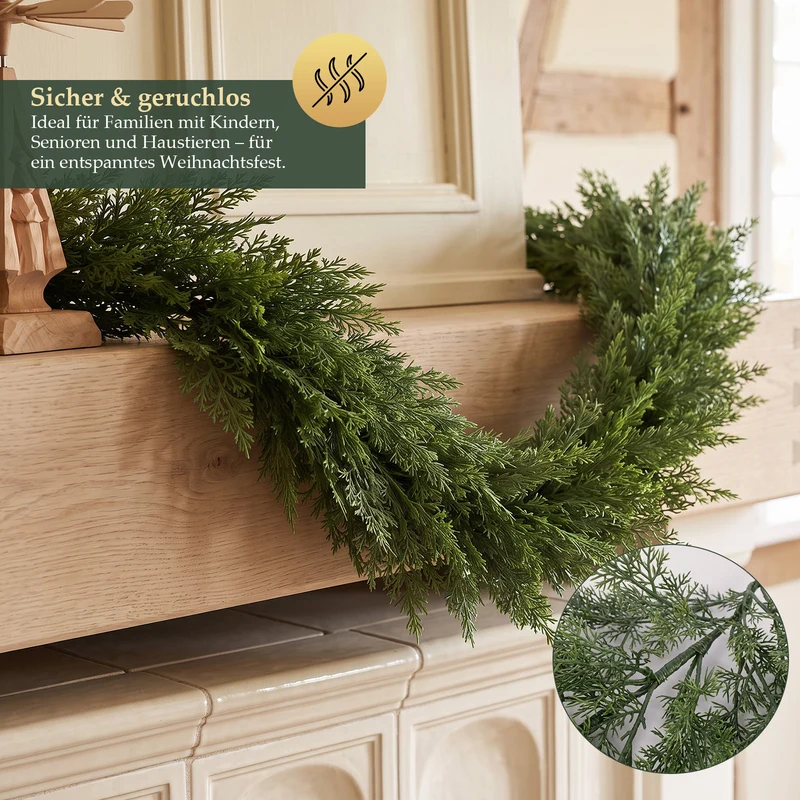 Salcar Künstliche Weihnachtsgirlande aus 100 % PE – Naturgetreue Thuja-/Zedern-Optik, extra dicht, 3 m / 5 m