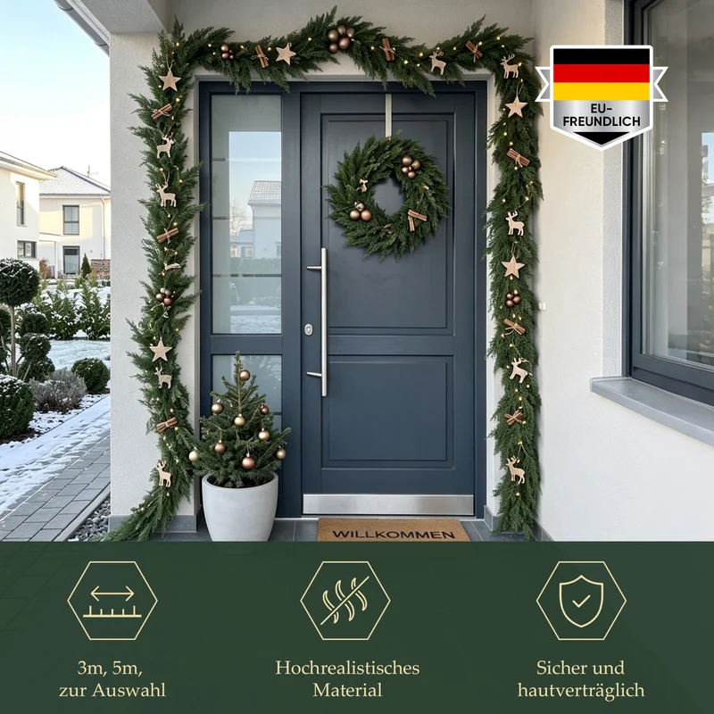 Salcar Künstliche Weihnachtsgirlande aus 100 % PE – Naturgetreue Thuja-/Zedern-Optik, extra dicht, 3 m / 5 m