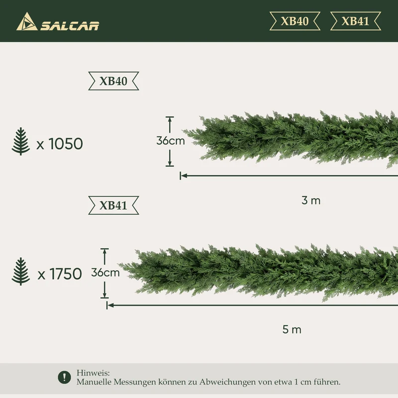 Salcar Künstliche Weihnachtsgirlande aus 100 % PE – Naturgetreue Thuja-/Zedern-Optik, extra dicht, 3 m / 5 m