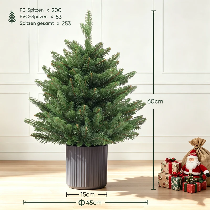 Salcar Künstlicher Weihnachtsbaum Nordmanntanne – PE & PVC, kleiner Christbaum mit dekorativem Topf, 60/90/120 cm