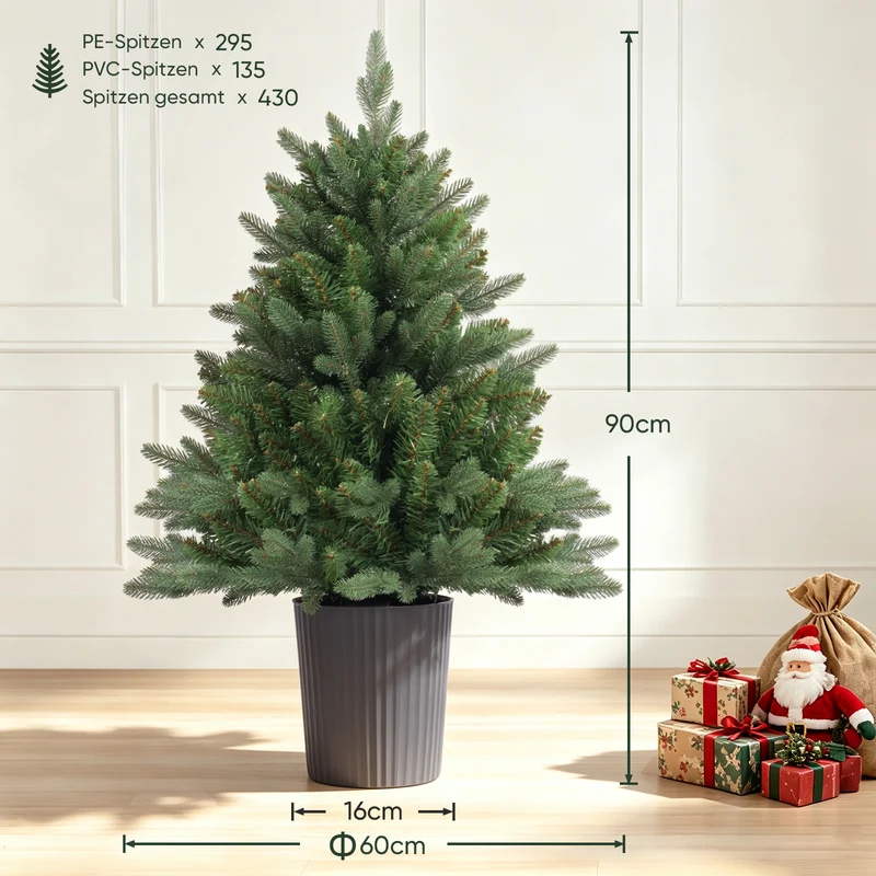 Salcar Künstlicher Weihnachtsbaum Nordmanntanne – PE & PVC, kleiner Christbaum mit dekorativem Topf, 60/90/120 cm