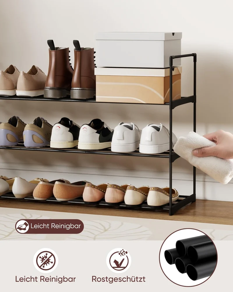 Sekey Schuhregal 3/4 Ebenen – Stapelbares Schuhregal aus Metall und Vliesstoff, platzsparend, stabil, ohne Bohren, für Flur, Schlafzimmer & Bad, Schwarz