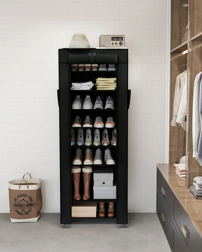 Sekey Schuhschrank mit 9 Ebenen – Multifunktionales Schuhregal mit Staubschutz, 2 Größen wählbar (58 oder 85 cm Breite), anpassbare Ablagen, einfache Montage, Schwarz