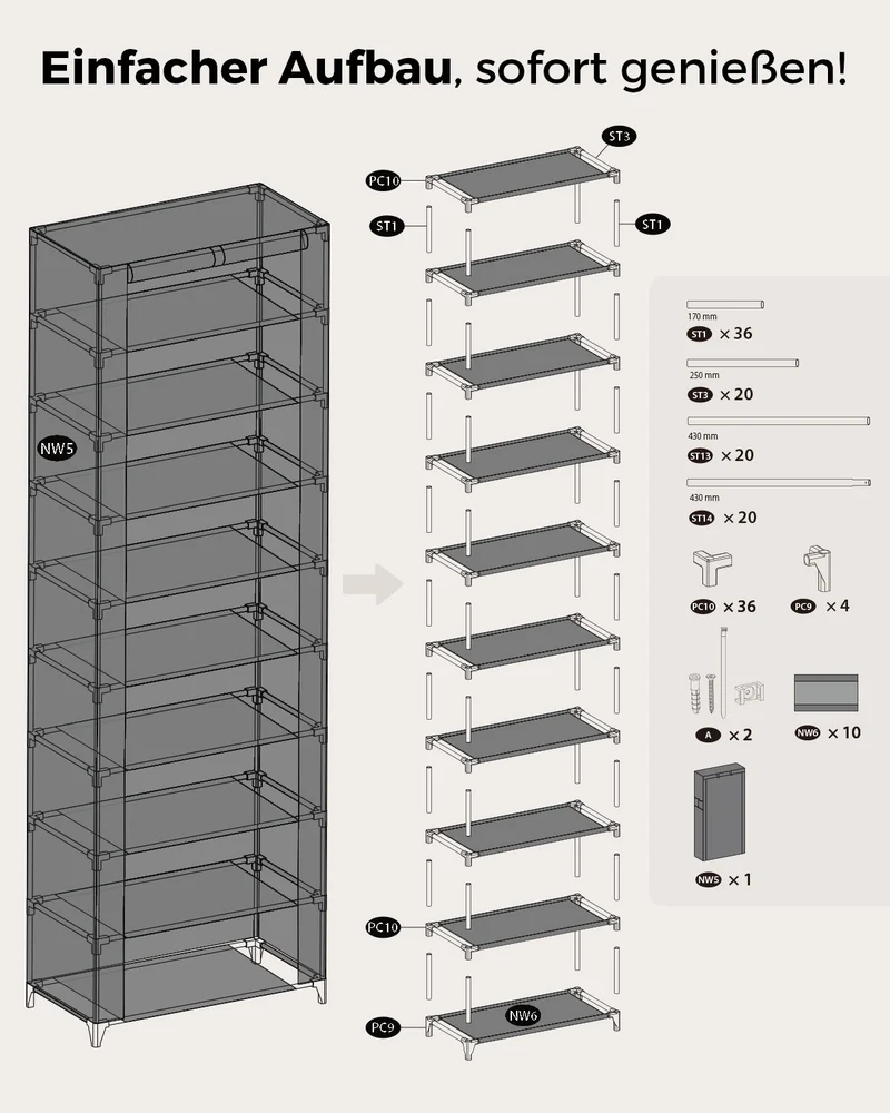 Sekey Schuhschrank mit 9 Ebenen – Multifunktionales Schuhregal mit Staubschutz, 2 Größen wählbar (58 oder 85 cm Breite), anpassbare Ablagen, einfache Montage, Schwarz