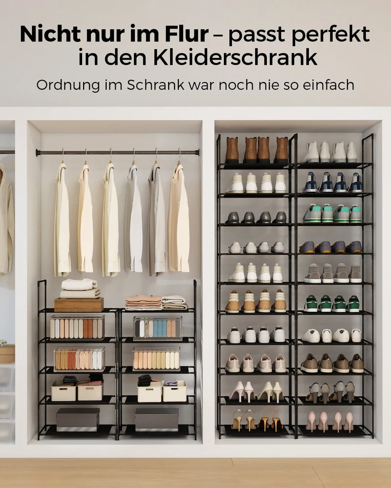 Sekey Schuhregal mit 10 Ebenen – Schmal, stabil & platzsparend, Metallgestell mit Vliesstoffablagen, ideal für Flur & kleine Räume