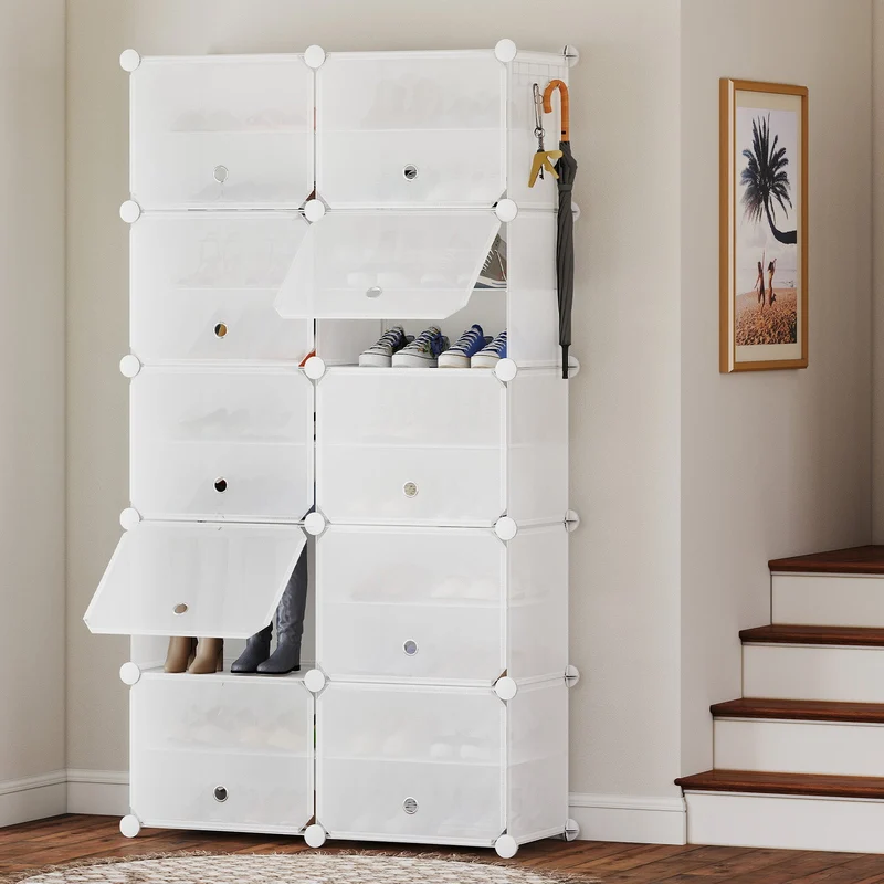 Sekey Weiß Schuhschrank mit 6/8/10 Fächern – Großes modulares Schuhregal für bis zu 24 Paar Schuhe