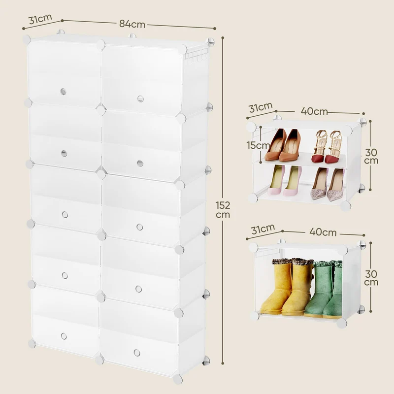 Sekey Weiß Schuhschrank mit 6/8/10 Fächern – Großes modulares Schuhregal für bis zu 24 Paar Schuhe