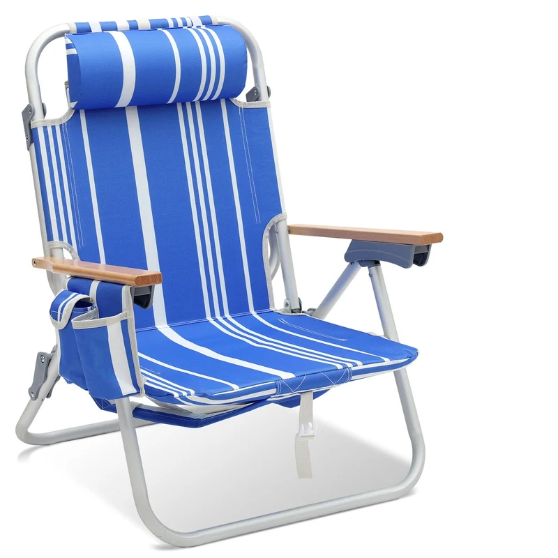 Sekey Faltbarer Aluminium-Strandstuhl mit verstellbarer Rückenlehne & Teakholz-Armlehnen – mit Kühltasche & Zubehör