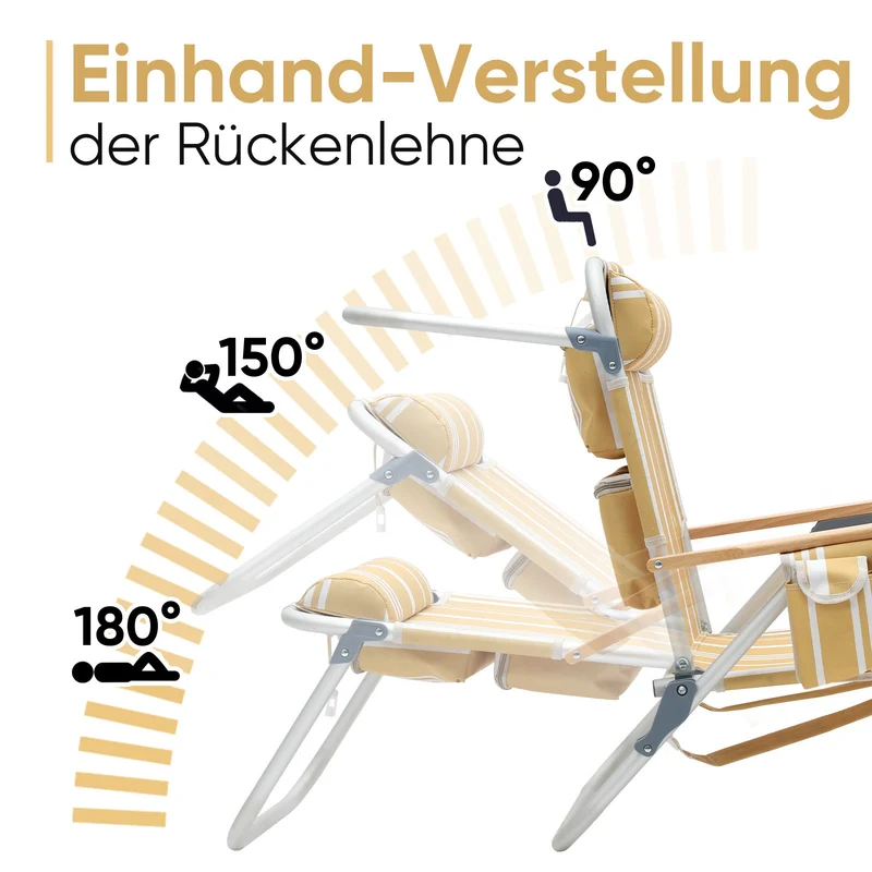 Sekey Faltbarer Aluminium-Strandstuhl mit verstellbarer Rückenlehne & Teakholz-Armlehnen – mit Kühltasche & Zubehör