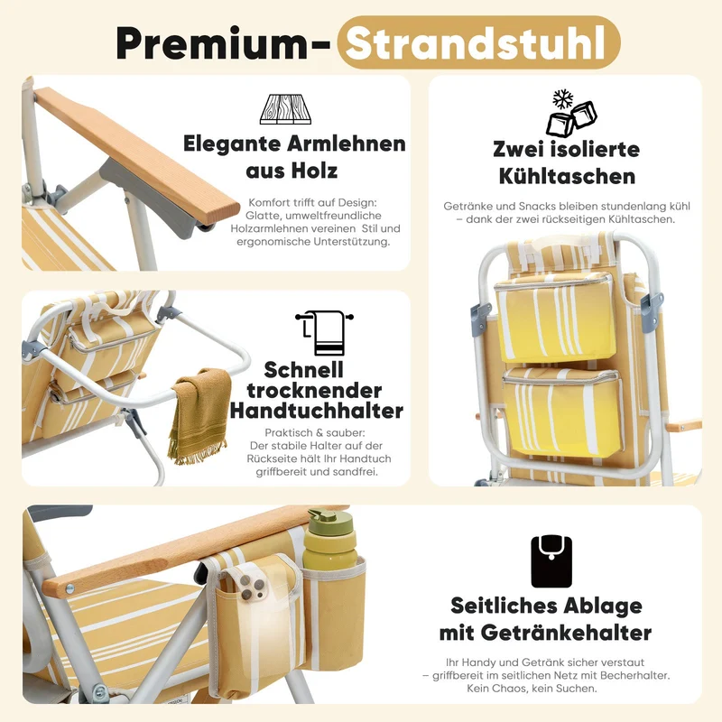Sekey Faltbarer Aluminium-Strandstuhl mit verstellbarer Rückenlehne & Teakholz-Armlehnen – mit Kühltasche & Zubehör