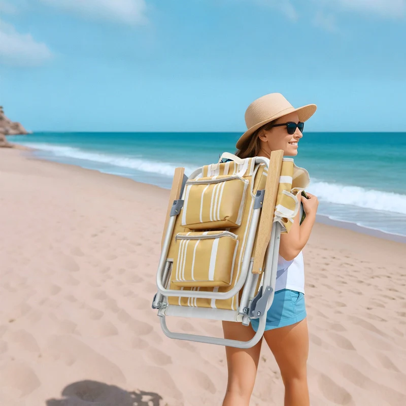Sekey Faltbarer Aluminium-Strandstuhl mit verstellbarer Rückenlehne & Teakholz-Armlehnen – mit Kühltasche & Zubehör