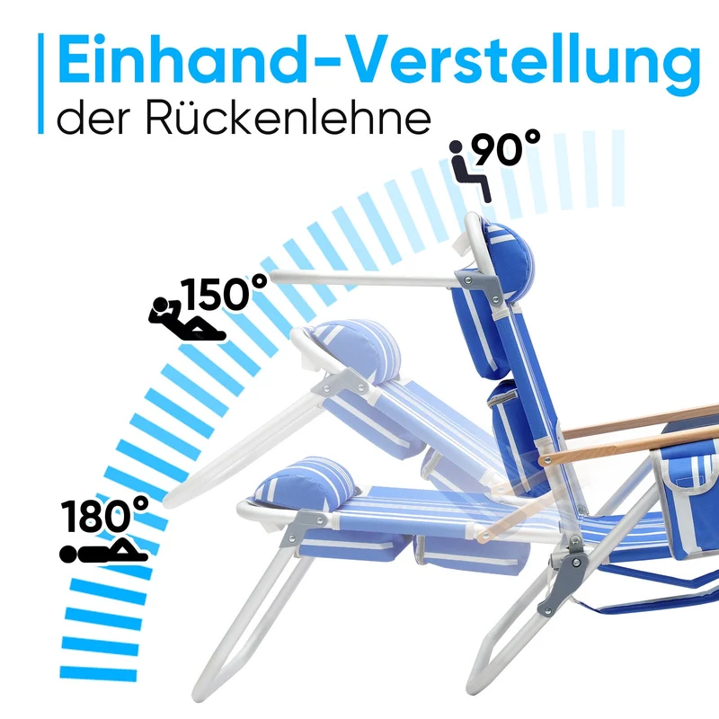 Sekey Faltbarer Aluminium-Strandstuhl mit verstellbarer Rückenlehne & Teakholz-Armlehnen – mit Kühltasche & Zubehör
