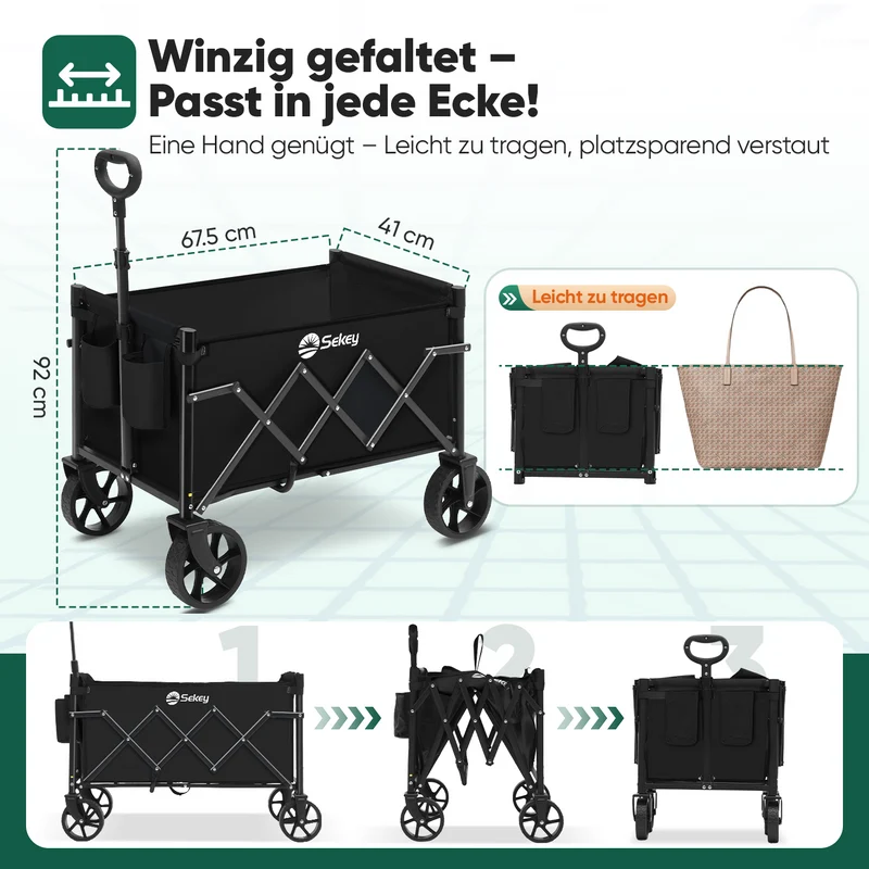 Sekey 4029 Klappbarer Bollerwagen mit Bremse – Platzsparender Handwagen für Ausflüge & Einkäufe