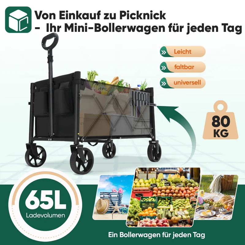 Sekey 4029 Klappbarer Bollerwagen mit Bremse – Platzsparender Handwagen für Ausflüge & Einkäufe