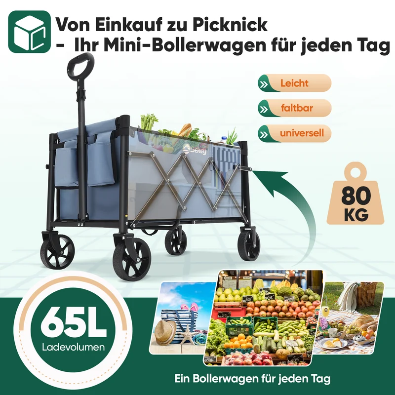 Sekey 4029 Klappbarer Bollerwagen mit Bremse – Platzsparender Handwagen für Ausflüge & Einkäufe