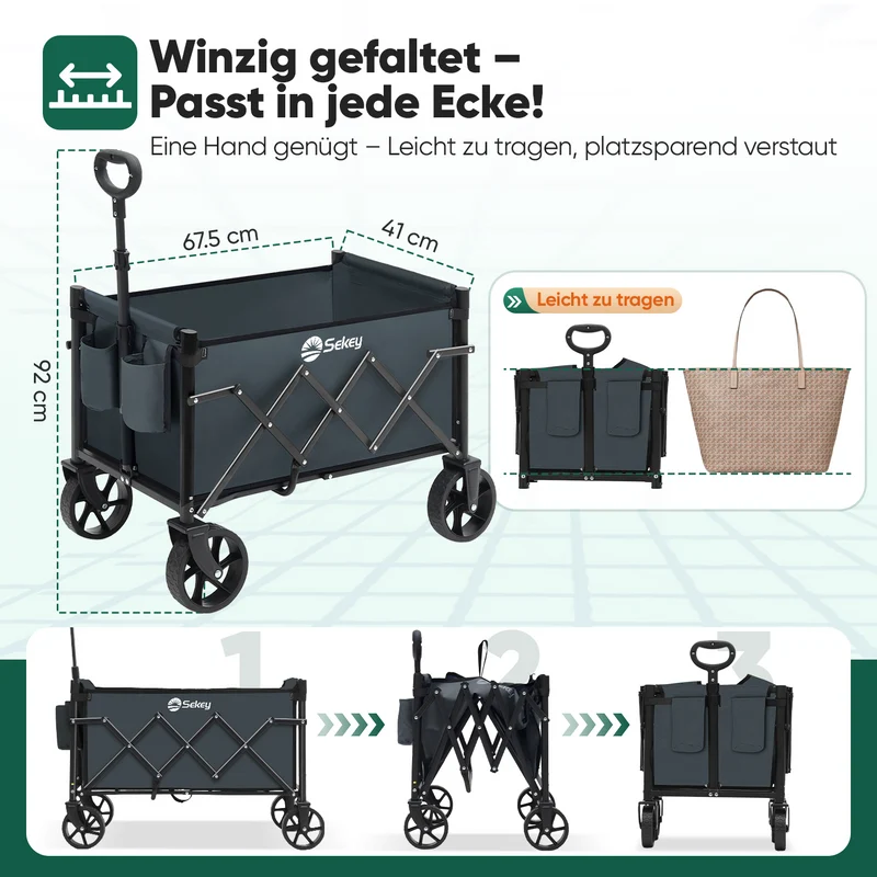Sekey 4029 Klappbarer Bollerwagen mit Bremse – Platzsparender Handwagen für Ausflüge & Einkäufe